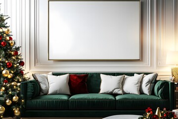 Obraz premium Cozy Modern Living Room decorated with Christmas Tree, Gifts canvas mockup frames template