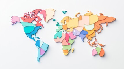 Obraz premium Colorful paper map of the world showcasing diverse countries and shapes.