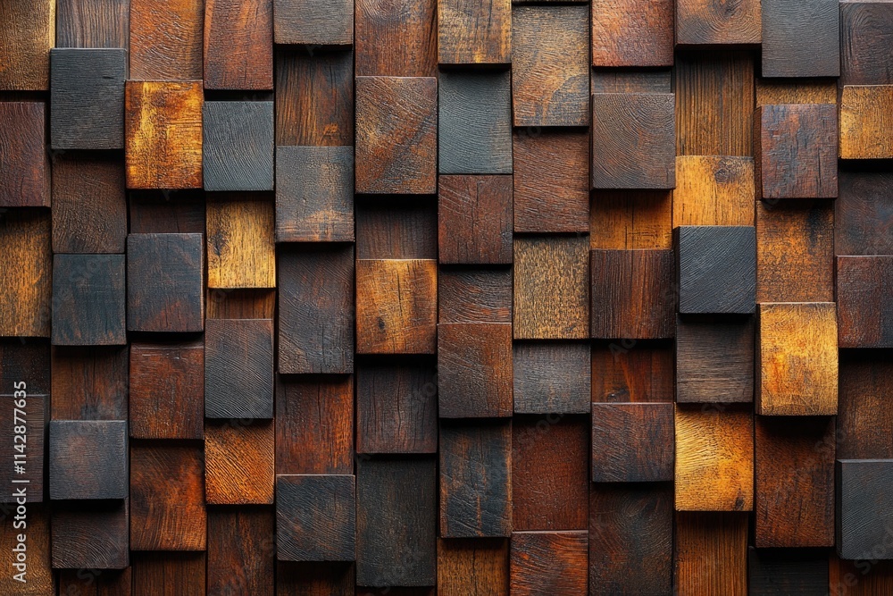 Poster a detailed view of a wall constructed from wooden building blocks, ideal for use in architecture, de