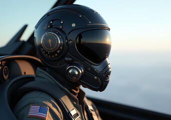 Fototapeta premium military pilots wear high tech helmets ai protection flying advanced fighter jets sleek black gold headgear smart