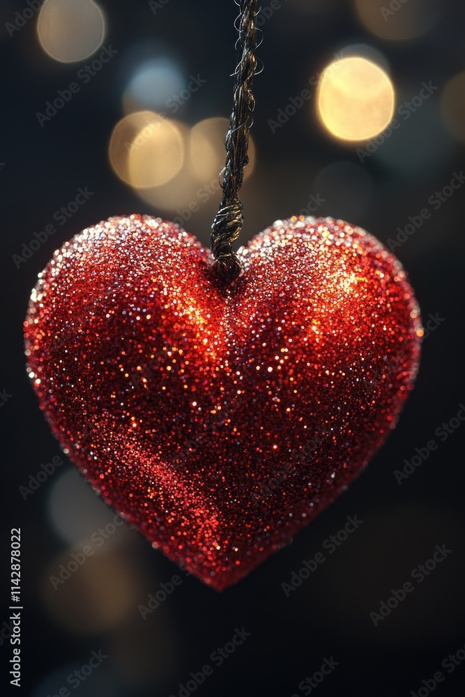 Poster a red heart with glitter decoration hangs from a string, ready for display or gift-giving