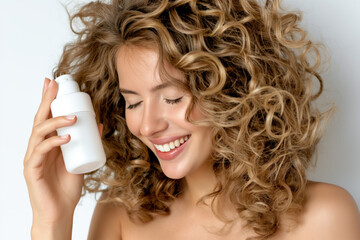 A cheerful young woman with voluminous, natural blonde curly hair holding a white cosmetic bottle against a white background, exuding happiness and confidence.
