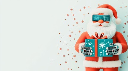 Futuristic Santa Claus with robot hands holding a gift box against a festive background.