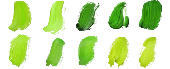 set of twelve green paint strokes isolated on transparent background