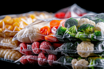 Assorted frozen vegetables, including broccoli, cauliflower, carrots, and raspberries, neatly packed in vacuum-sealed bags, emphasizing convenience and freshness.
