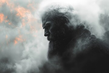 A person stands in front of a burning flame, with a long beard