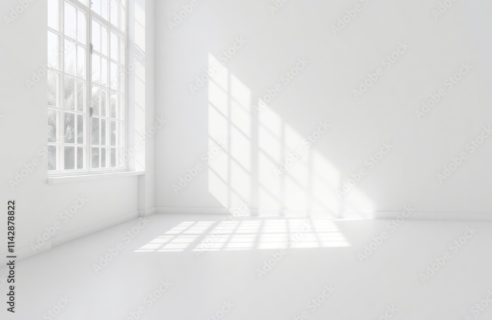 Poster bright empty room with large window. sunlight casts patterns on white walls and floor. modern minima