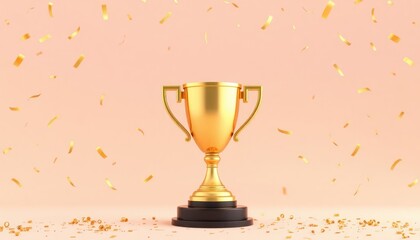 Golden trophy floats in air against soft gradient background. Celebration of success, achievement in business life. Plenty space around trophy for text design. Represents accomplishment, success.