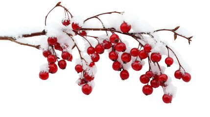 Snow-covered tree branch with red berries, transparent background