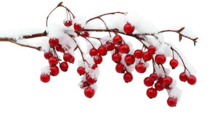 Snow-covered tree branch with red berries, transparent background