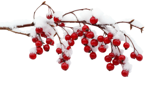 Snow-covered tree branch with red berries, transparent background