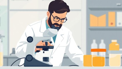 Scientist intently observes sample under microscope in modern lab. Focused research, detailed study evident. Samples sit on clean work surface in sterile lab setting. Scene represents scientific