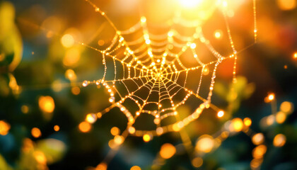 Delicate spiderweb adorned with tiny droplets of water, glistening like jewels in the soft light. A beautiful representation of nature’s intricate artistry