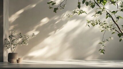 Minimalist scene with blooming branches and subtle shadows