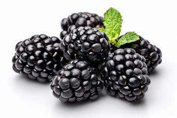 A close-up of plump, fresh blackberries paired with mint leaves on a white background, highlighting their rich texture, vibrant color, and natural freshness.
