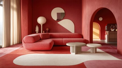 Modern red living room with unique sofa and curved decor elements