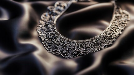 luxury silver necklace glistens under soft lighting, detailed with intricate patterns, resting against a silk backdrop, evoking elegance and sophistication