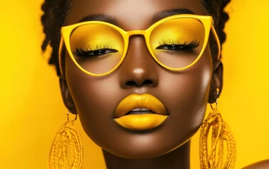 Close-up of a fashionable model with yellow-toned accessories and eye-catching makeup on a bright yellow background © Антон Федченко