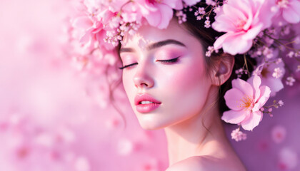 Fototapeta premium A young woman with beautiful flowers in her hair poses against a pastel pink background, exuding a fresh and vibrant aura.