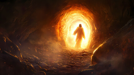A depiction of jesus resurrected, emerging from the tomb in radiant light, symbolizing victory over death. Resplendent. Illustration