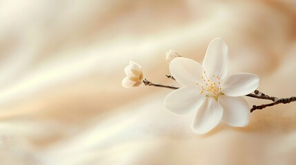 Fototapeta premium Delicate White Flower Blossom on Beige Fabric