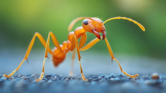 macro view of an ant, showcasing intricate details of its body and texture against a contrasting blurred background, emphasizing the complexity of nature