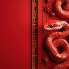 A vivid red background features a coiled snake adorned with floral elements, symbolizing prosperity and fortune.