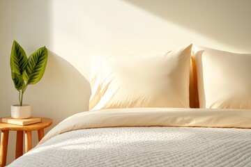 Baby Sleep Day. Simple and cozy bedroom setting with soft cream bedding and a bright pillow.