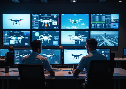multiple drone operators monitor several screens modern control