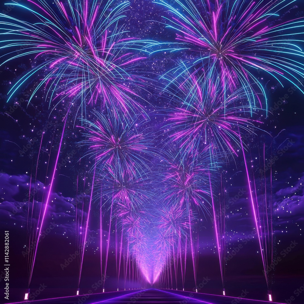 Poster a vibrant display of colorful fireworks illuminates a dark sky, creating a magical and festive atmos