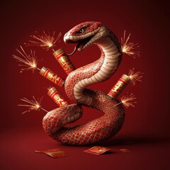 Fototapeta premium A striking red snake entwined with firecrackers, symbolizing celebration and power, set against a rich red backdrop.