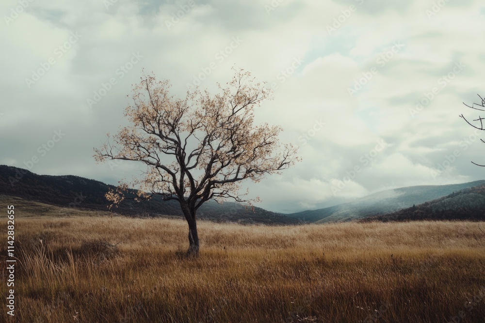 Poster a single tree stands alone in a green field, surrounded by distant mountains