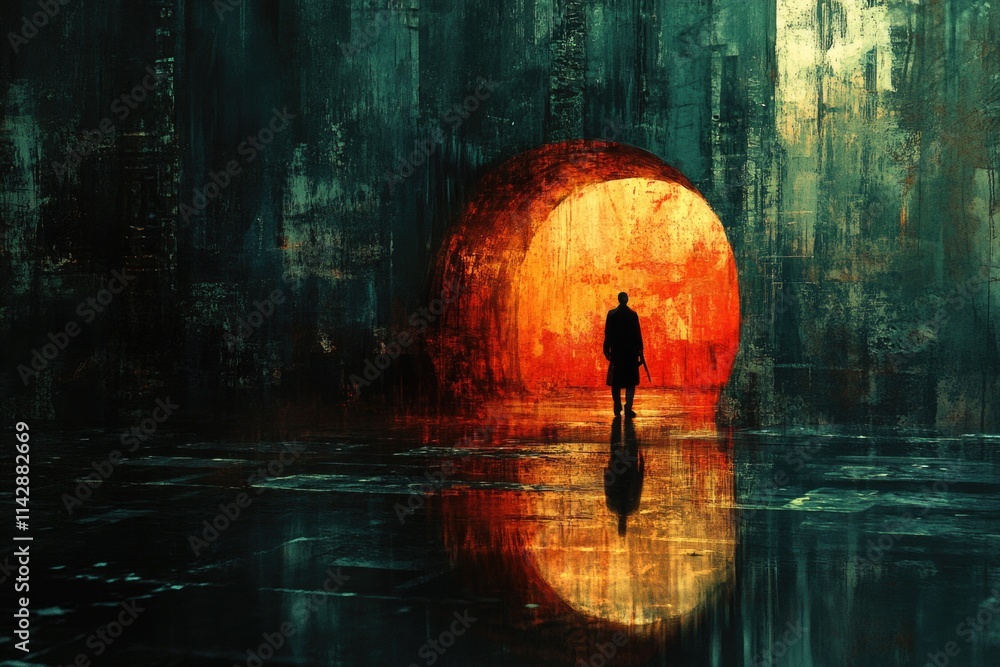 Poster a person standing at a red traffic light intersection