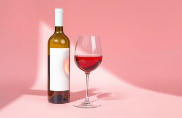 Stylish wine bottle with blank white label, glass of rose wine on pink background. Elegant minimalist design. Perfect for branding advertising. Modern template for wine bottle. Ideal for new wine