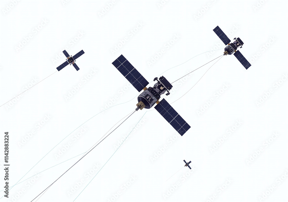 Poster orbiting satellites use space communication technology white background effectively transmitting sig
