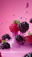 A vibrant splash of fresh berries in creamy yogurt, set against a pink backdrop, highlighting the juicy textures and colors of raspberries and blackberries.