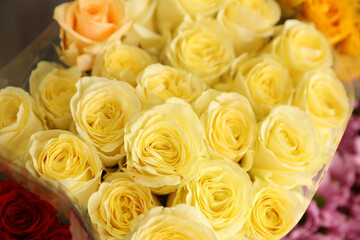 Beautiful bouquet of fresh roses, closeup. Floral decor