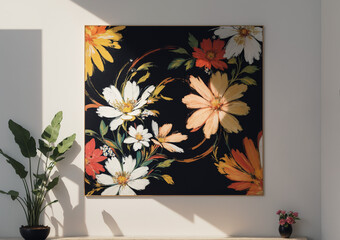 Flower painting in a home decor concept piece with gorgeous canvas at the center