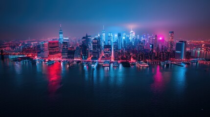 A vibrant night skyline of a city illuminated by colorful lights reflecting on the water.