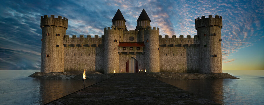 Medieval castle surrounded by sea or lake with sunset sky in the background. 3D render.