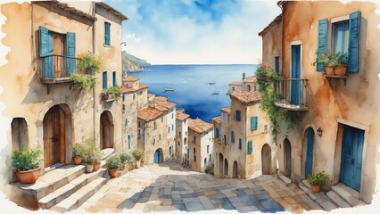 Artistic watercolor scene of a winding street with a sea view in an Italian coastal town