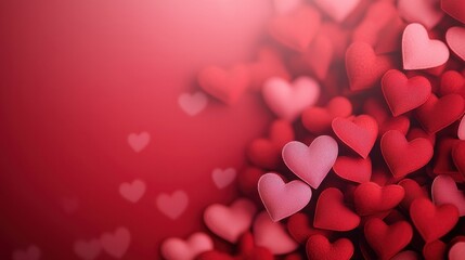 A vibrant display of red and pink hearts scattered on a rich backdrop, symbolizing love and affection in various sizes and shades.