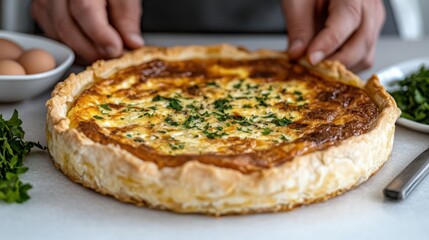 Hands delicately position a golden homemade quiche, garnished with herbs, on a kitchen counter, inviting a moment of culinary appreciation.