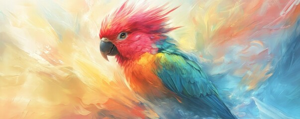 Obraz premium A vibrant, colorful parrot with a striking plumage stands out against a dreamy, abstract background of soft, blended hues.