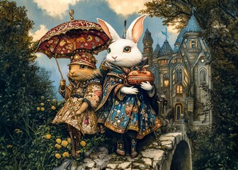 Fototapeta premium Two Rabbits on a Castle Bridge in Fantasy Scene