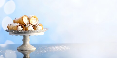 Fototapeta premium Elegant display of cannoli on a silver cake stand with a soft blue background