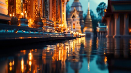 Fototapeta premium Monks Lighting Candles at Dusk in Traditional Architecture
