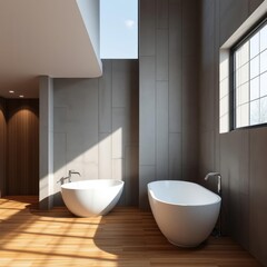Modern bathroom interior with freestanding tub concrete wall and large window wood concrete design wood design concrete architecture wall floor modern