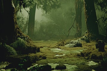 Path through a dense forest with lush green moss covering the ground, perfect for outdoor and nature-themed projects
