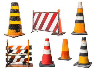 a collection of traffic cones and barricades for road construction and safety the cones are various colors and sizes. and the barricades are both red and white and black and white